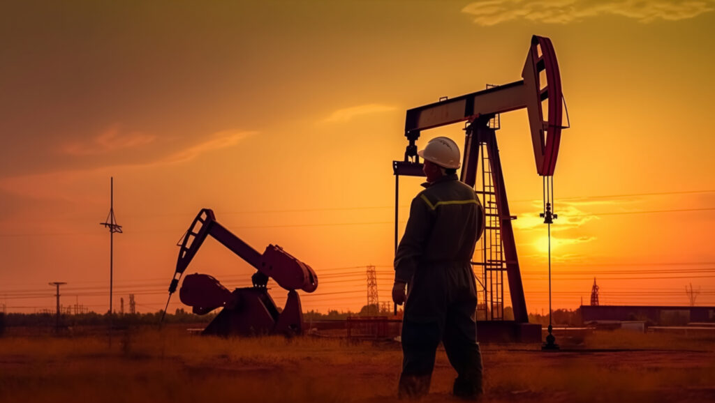 worker and oil rig in sunset, created with generative ai technol